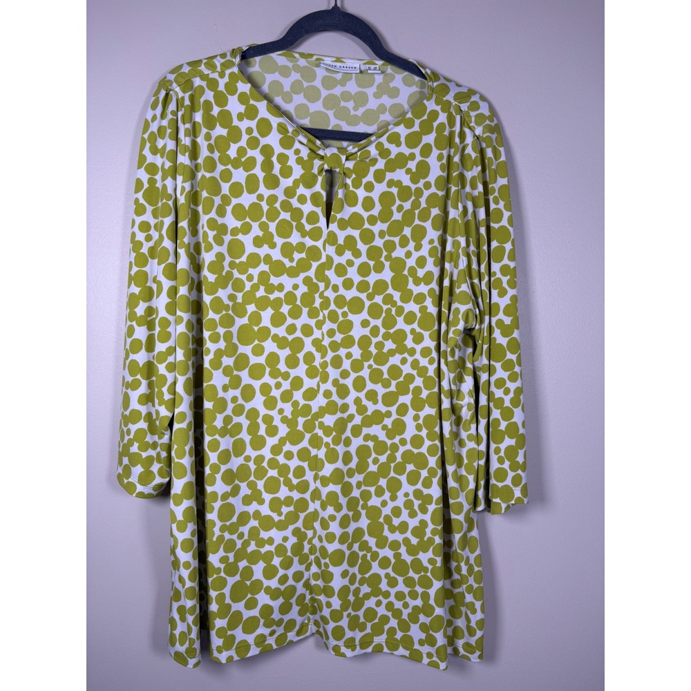 Susan Graver Liquid Knit Tunic Top Chartreuse Green Polka Dot 3/4‎ Sleeve 2X Mod